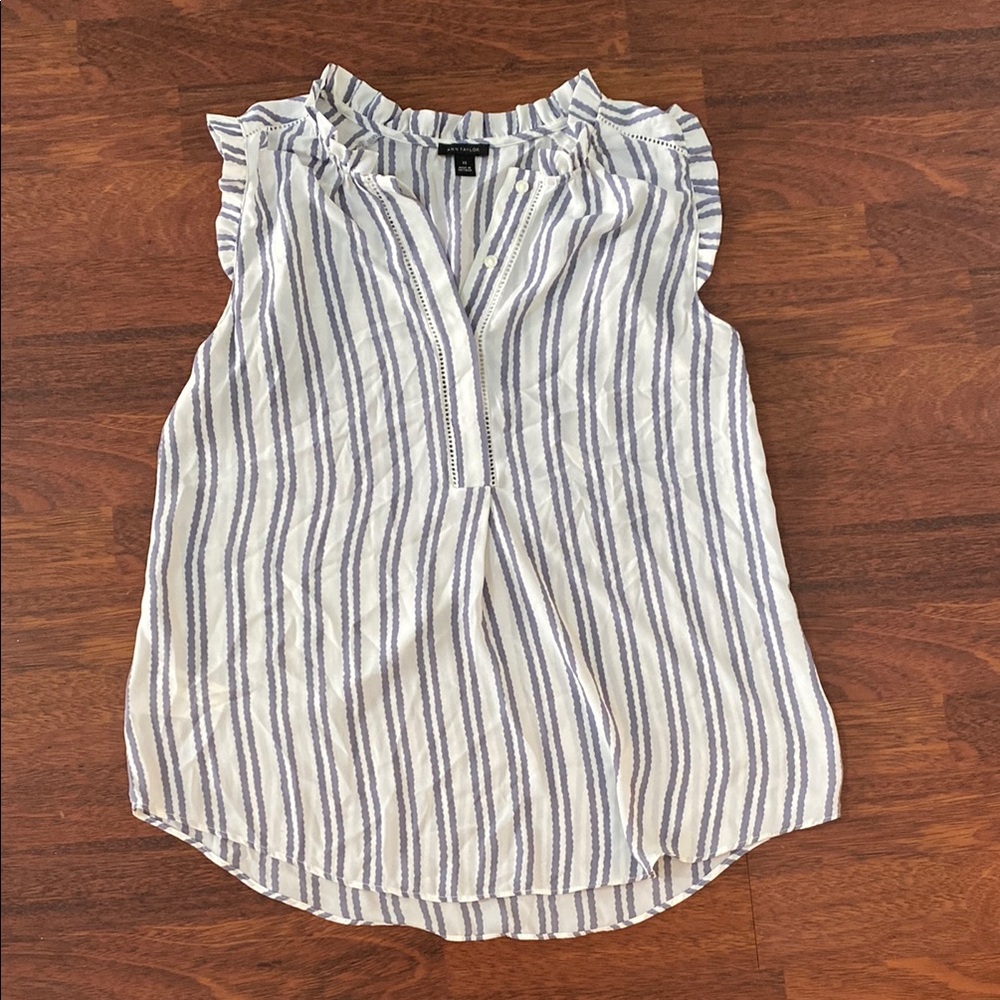 Ann Taylor Ruffled Striped Blouse - Blue and White
